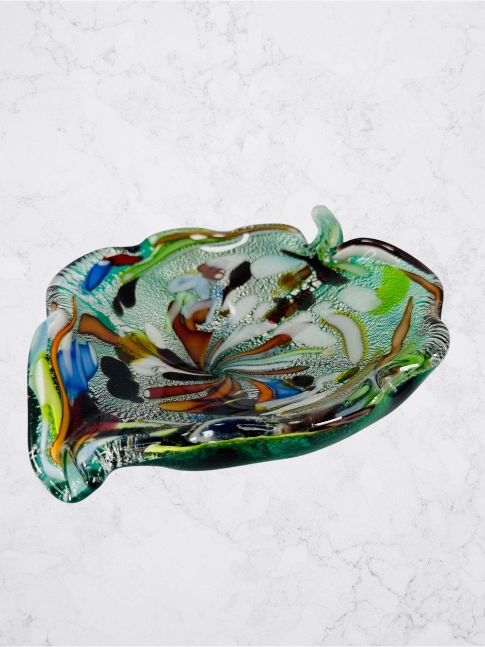Vintage Murano AVEM Glass Leaf Bowl Dish Trinket Tutti Frutti Green Cobalt Blue